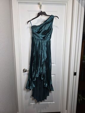 Teal One-Shoulder Pleated Evening Dress